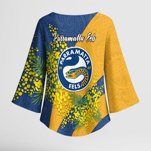 Parramatta Eels Kimono Sleeve Blouse Golden Wattle Floral Polynesian - Australian Flower - Rugby Mascot