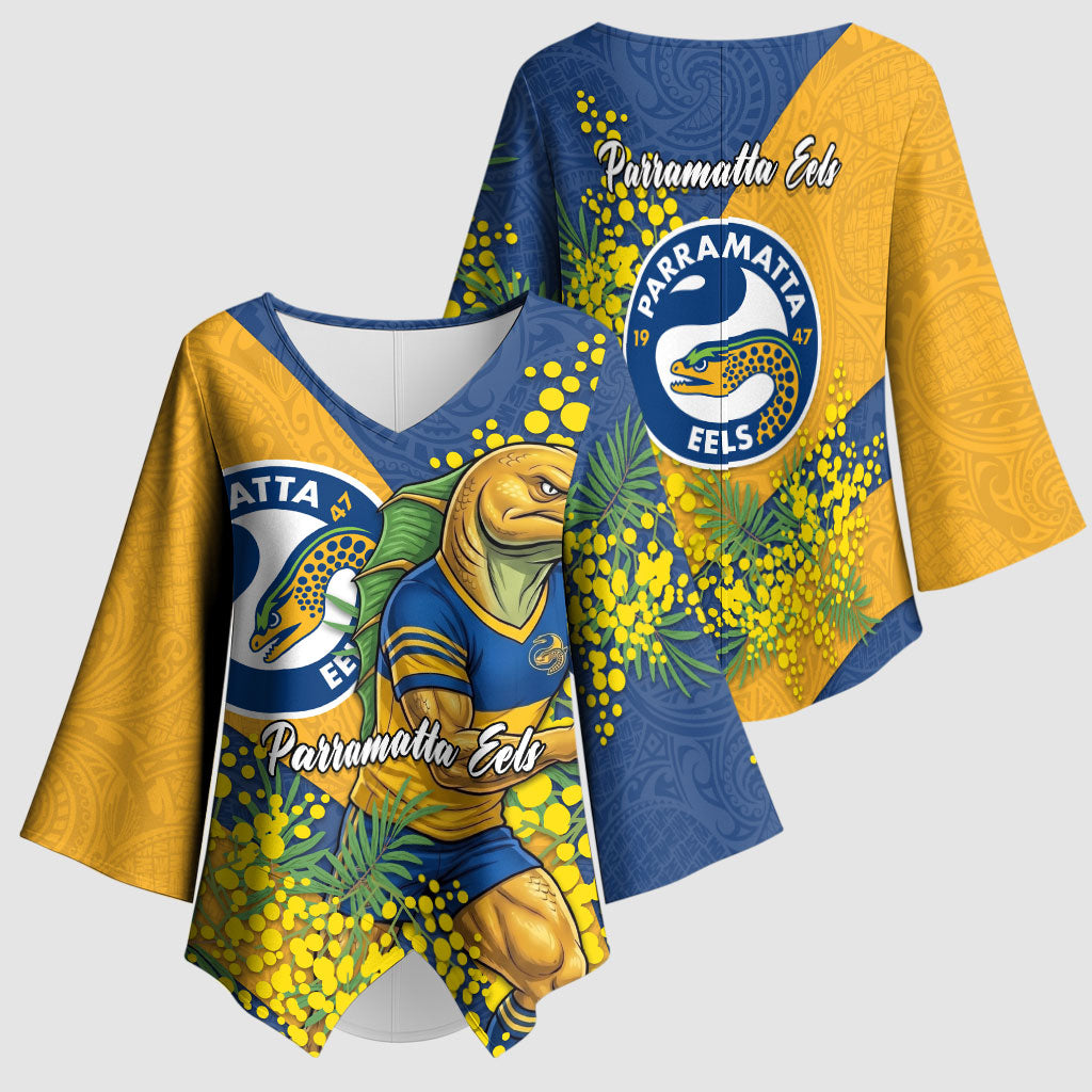 Parramatta Eels Kimono Sleeve Blouse Golden Wattle Floral Polynesian - Australian Flower - Rugby Mascot