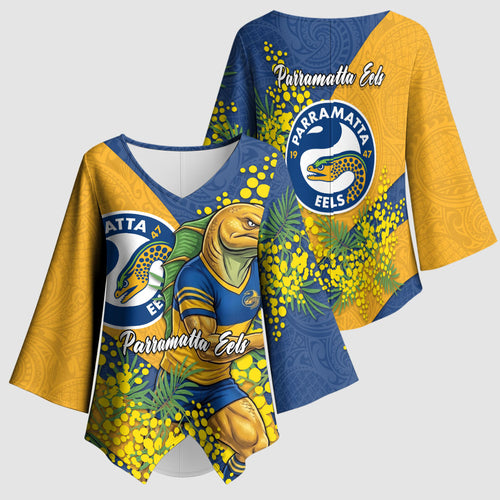 Parramatta Eels Kimono Sleeve Blouse Golden Wattle Floral Polynesian - Australian Flower - Rugby Mascot