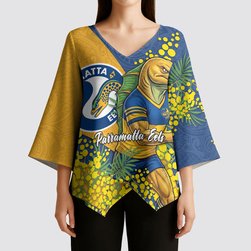 Parramatta Eels Kimono Sleeve Blouse Golden Wattle Floral Polynesian - Australian Flower - Rugby Mascot