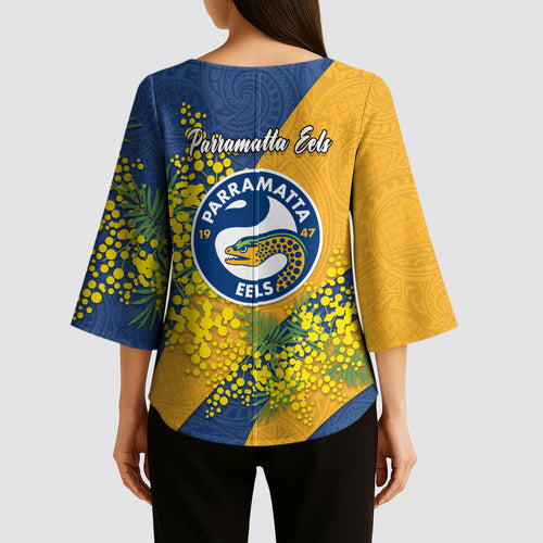 Parramatta Eels Kimono Sleeve Blouse Golden Wattle Floral Polynesian - Australian Flower - Rugby Mascot