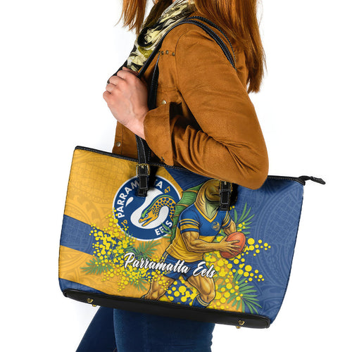 Parramatta Eels Leather Tote Bag Golden Wattle Floral Polynesian - Australian Flower - Rugby Mascot
