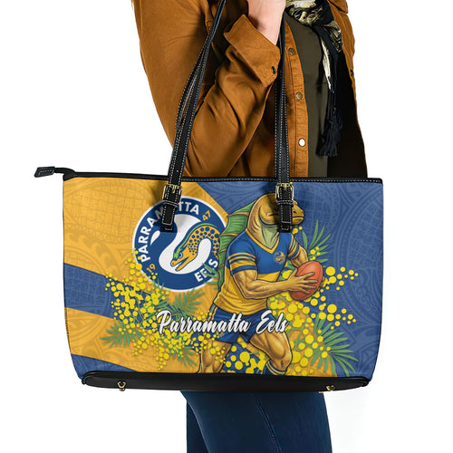 Parramatta Eels Leather Tote Bag Golden Wattle Floral Polynesian - Australian Flower - Rugby Mascot