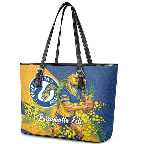 Parramatta Eels Leather Tote Bag Golden Wattle Floral Polynesian - Australian Flower - Rugby Mascot