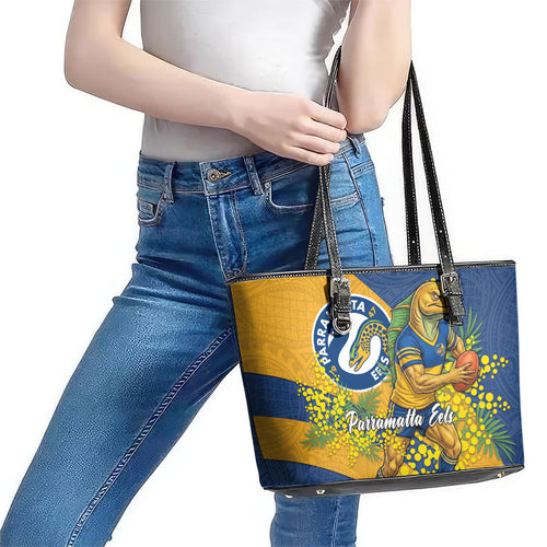 Parramatta Eels Leather Tote Bag Golden Wattle Floral Polynesian - Australian Flower - Rugby Mascot
