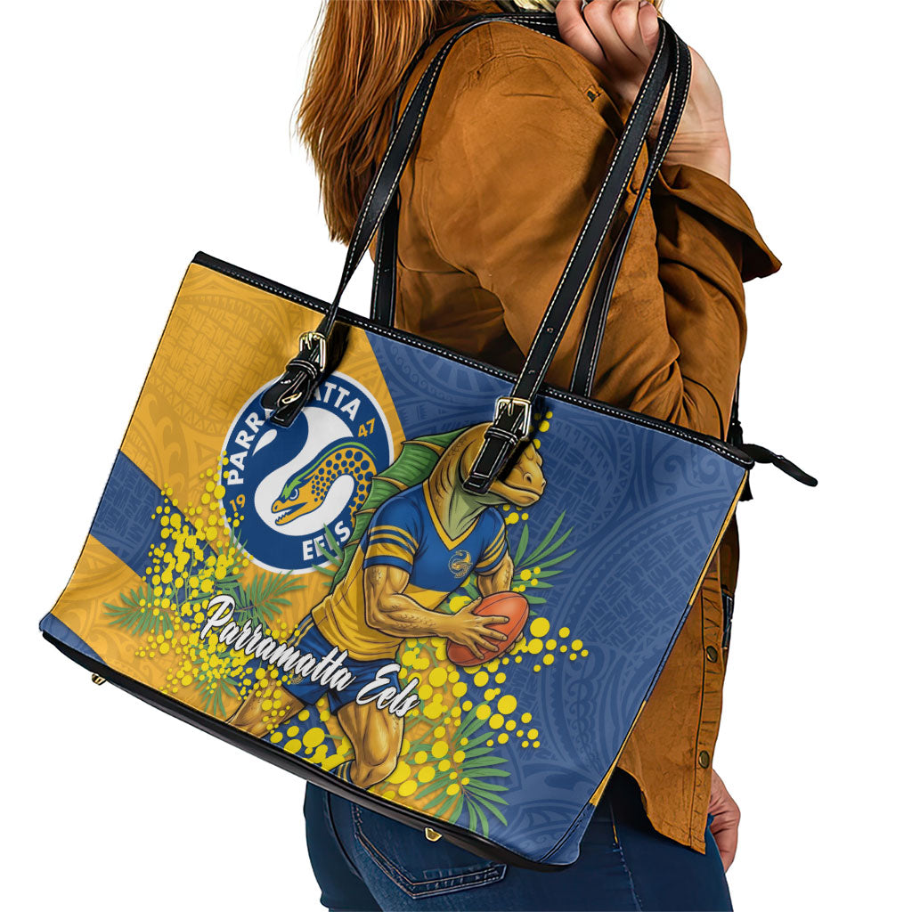 Parramatta Eels Leather Tote Bag Golden Wattle Floral Polynesian - Australian Flower - Rugby Mascot