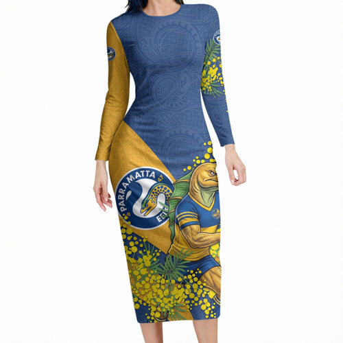 Parramatta Eels Long Sleeve Bodycon Dress Golden Wattle Floral Polynesian - Australian Flower - Rugby Mascot