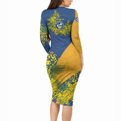 Parramatta Eels Long Sleeve Bodycon Dress Golden Wattle Floral Polynesian - Australian Flower - Rugby Mascot