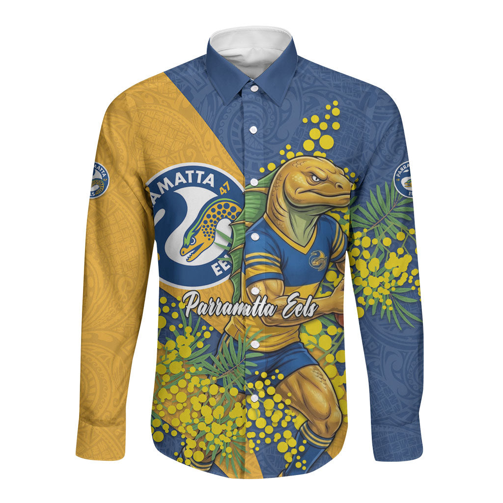 Parramatta Eels Long Sleeve Button Shirt Golden Wattle Floral Polynesian - Australian Flower - Rugby Mascot