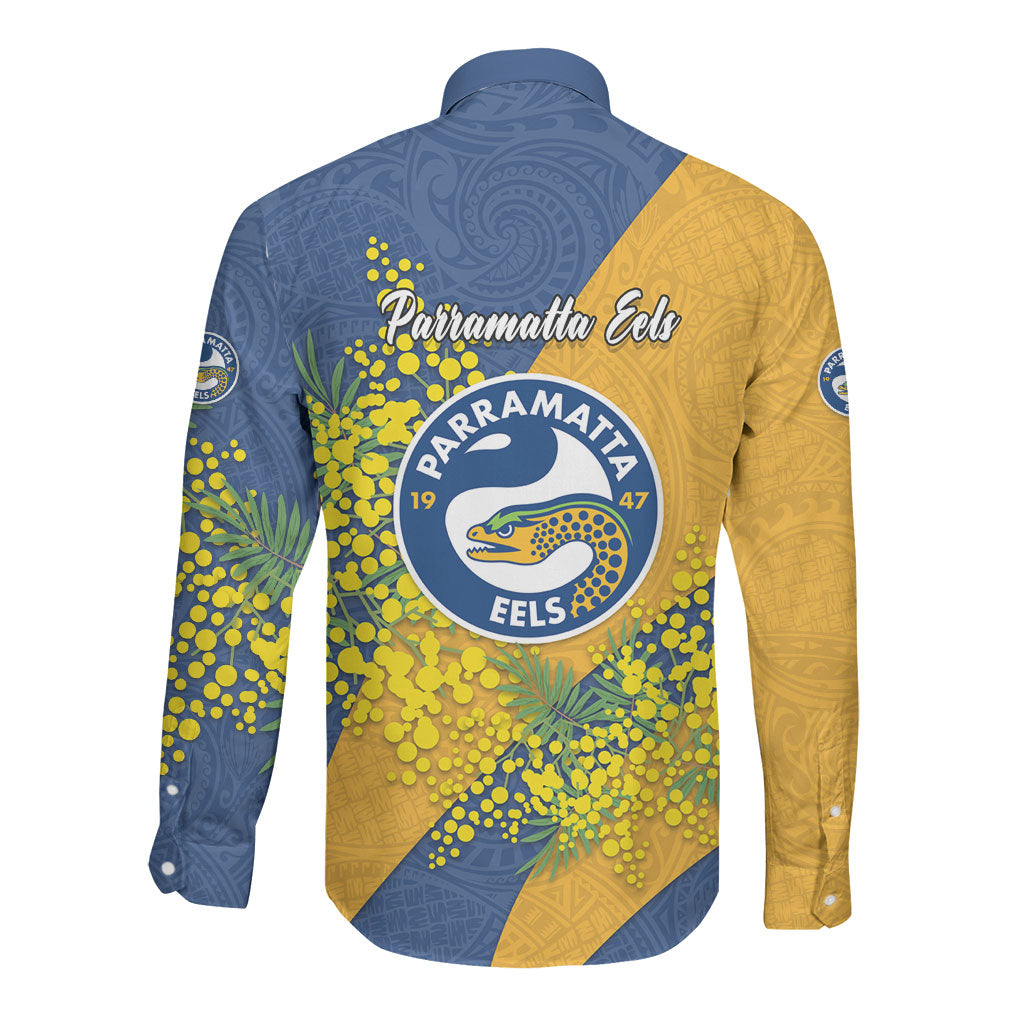 Parramatta Eels Long Sleeve Button Shirt Golden Wattle Floral Polynesian - Australian Flower - Rugby Mascot