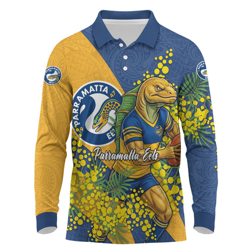 Parramatta Eels Long Sleeve Polo Shirt Golden Wattle Floral Polynesian - Australian Flower - Rugby Mascot