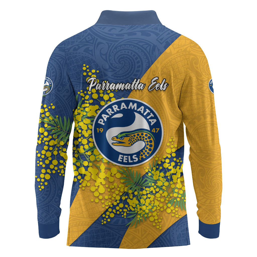 Parramatta Eels Long Sleeve Polo Shirt Golden Wattle Floral Polynesian - Australian Flower - Rugby Mascot