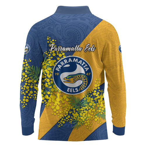 Parramatta Eels Long Sleeve Polo Shirt Golden Wattle Floral Polynesian - Australian Flower - Rugby Mascot