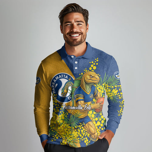 Parramatta Eels Long Sleeve Polo Shirt Golden Wattle Floral Polynesian - Australian Flower - Rugby Mascot