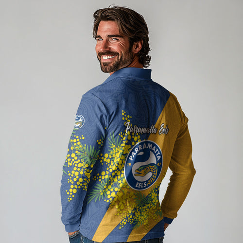 Parramatta Eels Long Sleeve Polo Shirt Golden Wattle Floral Polynesian - Australian Flower - Rugby Mascot