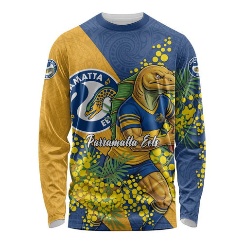 Parramatta Eels Long Sleeve Shirt Golden Wattle Floral Polynesian - Australian Flower - Rugby Mascot
