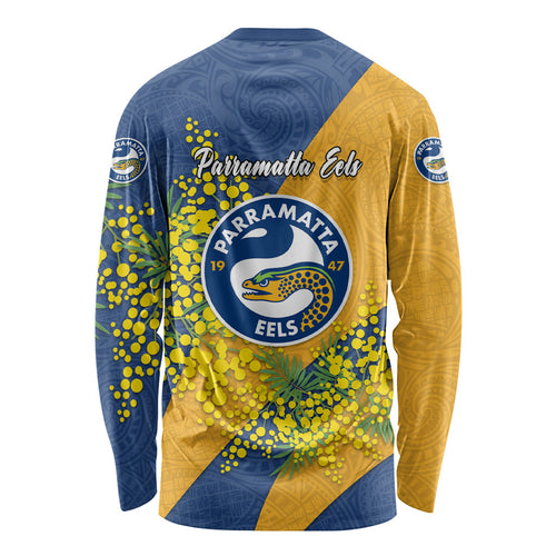 Parramatta Eels Long Sleeve Shirt Golden Wattle Floral Polynesian - Australian Flower - Rugby Mascot