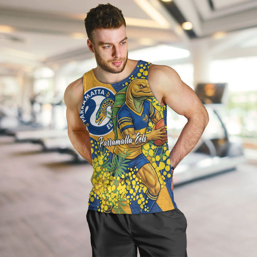 Parramatta Eels Men Tank Top Golden Wattle Floral Polynesian - Australian Flower - Rugby Mascot