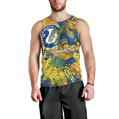 Parramatta Eels Men Tank Top Golden Wattle Floral Polynesian - Australian Flower - Rugby Mascot