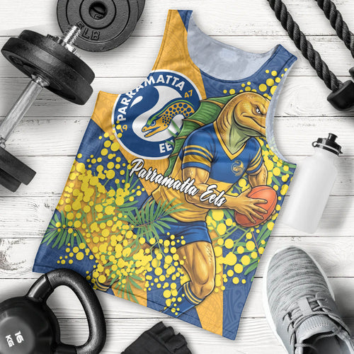 Parramatta Eels Men Tank Top Golden Wattle Floral Polynesian - Australian Flower - Rugby Mascot