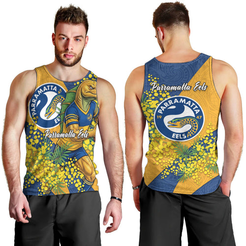 Parramatta Eels Men Tank Top Golden Wattle Floral Polynesian - Australian Flower - Rugby Mascot