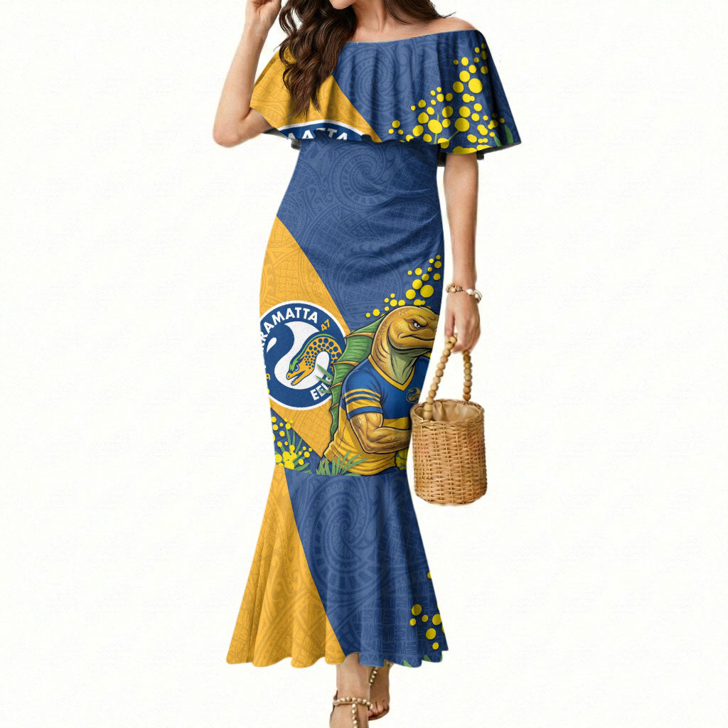 Parramatta Eels Mermaid Dress Golden Wattle Floral Polynesian - Australian Flower - Rugby Mascot