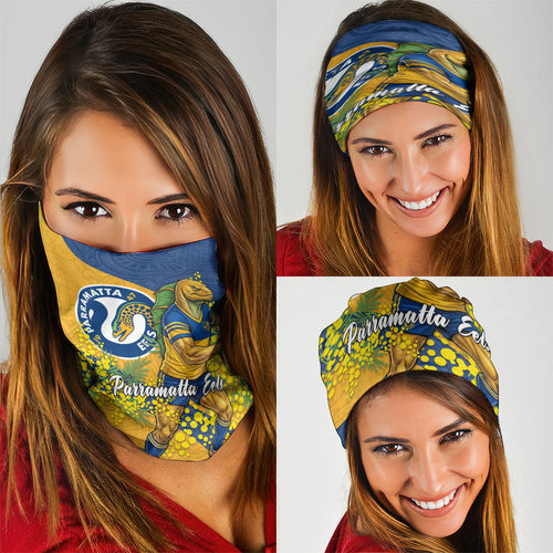 Parramatta Eels Neck Gaiter Golden Wattle Floral Polynesian - Australian Flower - Rugby Mascot