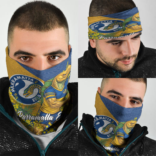 Parramatta Eels Neck Gaiter Golden Wattle Floral Polynesian - Australian Flower - Rugby Mascot