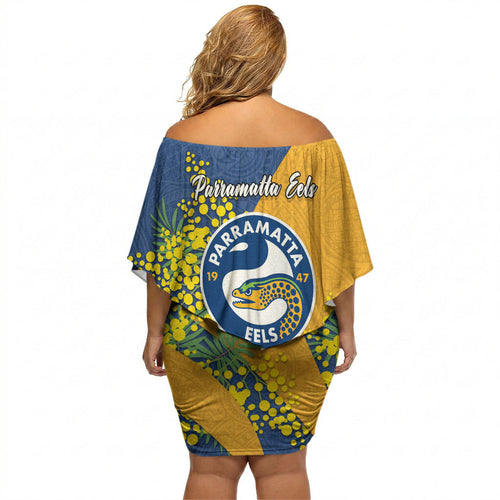 Parramatta Eels Off Shoulder Short Dress Golden Wattle Floral Polynesian - Australian Flower - Rugby Mascot