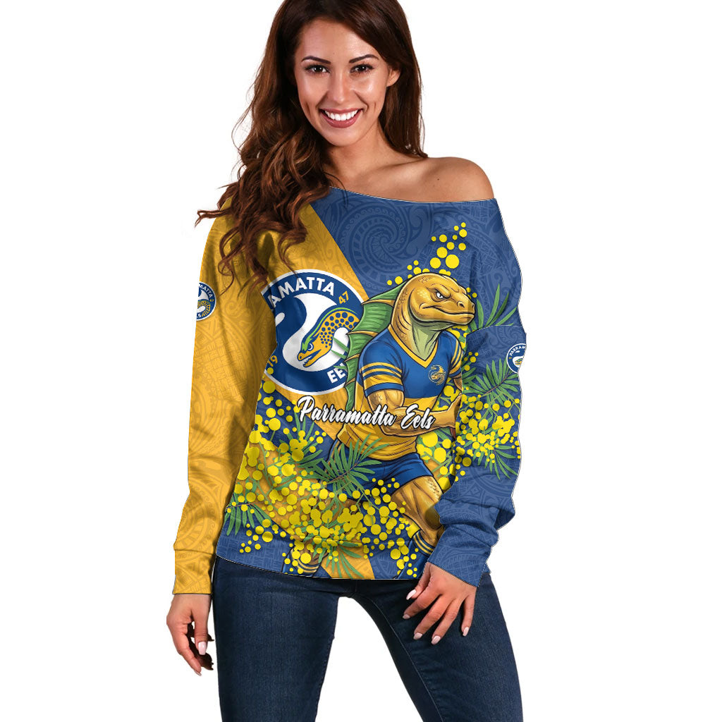 Parramatta Eels Off Shoulder Sweater Golden Wattle Floral Polynesian - Australian Flower - Rugby Mascot