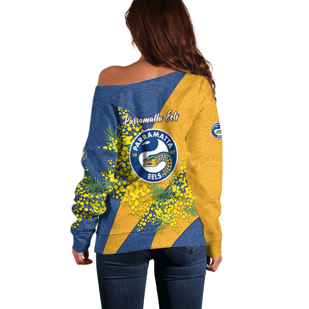 Parramatta Eels Off Shoulder Sweater Golden Wattle Floral Polynesian - Australian Flower - Rugby Mascot