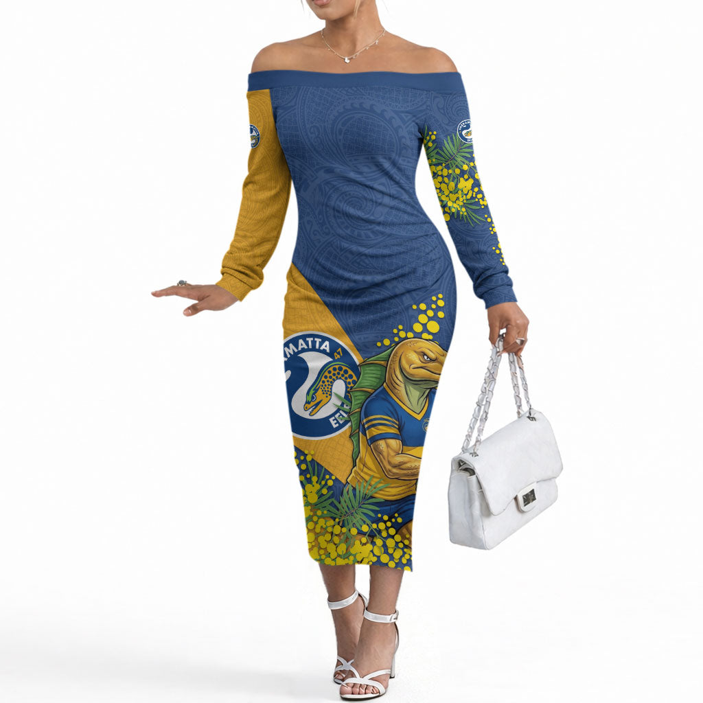 Parramatta Eels Off The Shoulder Long Sleeve Dress Golden Wattle Floral Polynesian - Australian Flower - Rugby Mascot