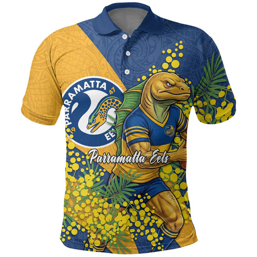 Parramatta Eels Polo Shirt Golden Wattle Floral Polynesian - Australian Flower - Rugby Mascot