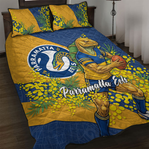 Parramatta Eels Quilt Bed Set Golden Wattle Floral Polynesian - Australian Flower - Rugby Mascot