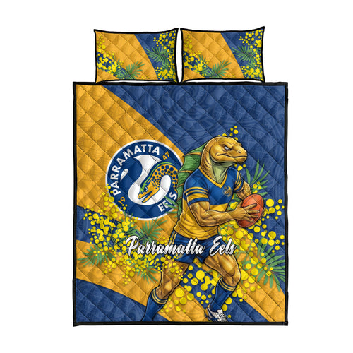 Parramatta Eels Quilt Bed Set Golden Wattle Floral Polynesian - Australian Flower - Rugby Mascot