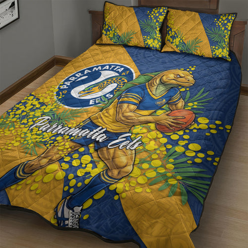 Parramatta Eels Quilt Bed Set Golden Wattle Floral Polynesian - Australian Flower - Rugby Mascot