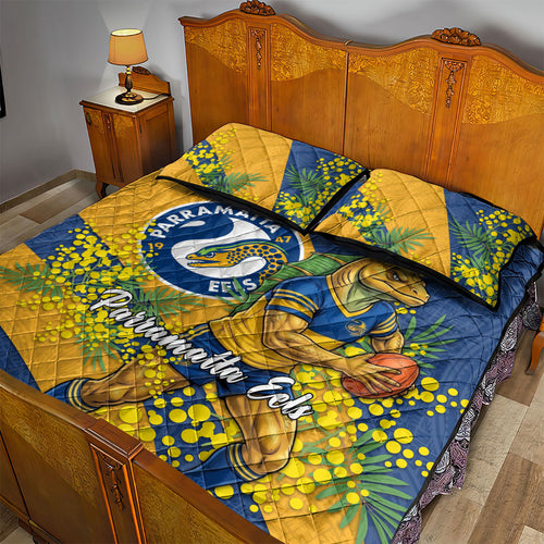 Parramatta Eels Quilt Bed Set Golden Wattle Floral Polynesian - Australian Flower - Rugby Mascot