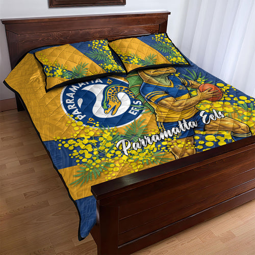 Parramatta Eels Quilt Bed Set Golden Wattle Floral Polynesian - Australian Flower - Rugby Mascot