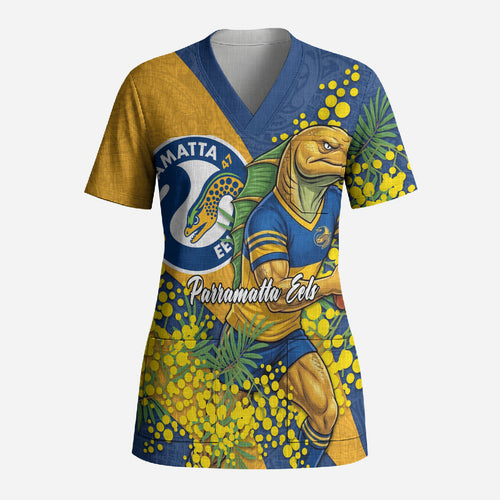 Parramatta Eels Scrub Top Golden Wattle Floral Polynesian - Australian Flower - Rugby Mascot