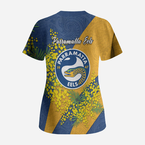 Parramatta Eels Scrub Top Golden Wattle Floral Polynesian - Australian Flower - Rugby Mascot