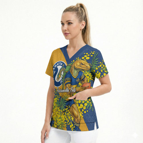 Parramatta Eels Scrub Top Golden Wattle Floral Polynesian - Australian Flower - Rugby Mascot