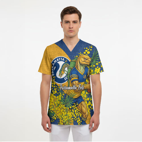Parramatta Eels Scrub Top Golden Wattle Floral Polynesian - Australian Flower - Rugby Mascot