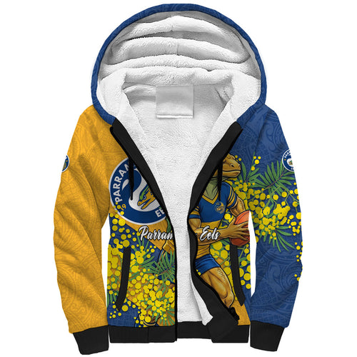 Parramatta Eels Sherpa Hoodie Golden Wattle Floral Polynesian - Australian Flower - Rugby Mascot