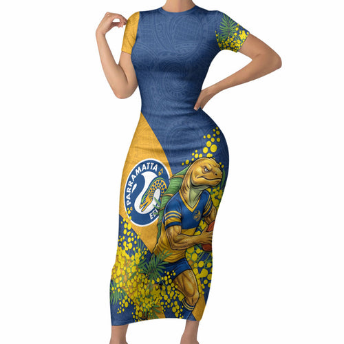 Parramatta Eels Short Sleeve Bodycon Dress Golden Wattle Floral Polynesian - Australian Flower - Rugby Mascot