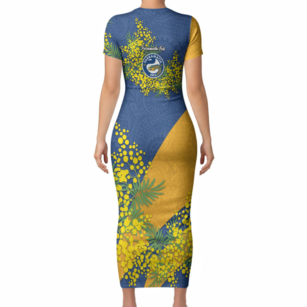 Parramatta Eels Short Sleeve Bodycon Dress Golden Wattle Floral Polynesian - Australian Flower - Rugby Mascot