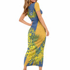 Parramatta Eels Short Sleeve Bodycon Dress Golden Wattle Floral Polynesian - Australian Flower - Rugby Mascot
