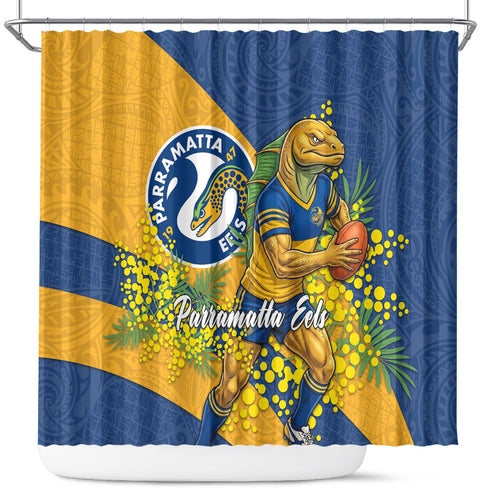 Parramatta Eels Shower Curtain Golden Wattle Floral Polynesian - Australian Flower - Rugby Mascot