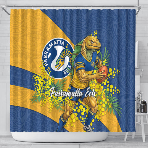 Parramatta Eels Shower Curtain Golden Wattle Floral Polynesian - Australian Flower - Rugby Mascot