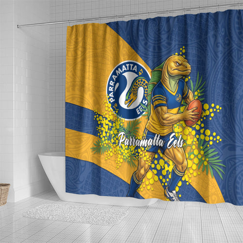 Parramatta Eels Shower Curtain Golden Wattle Floral Polynesian - Australian Flower - Rugby Mascot