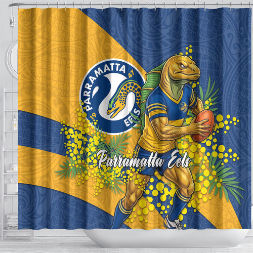 Parramatta Eels Shower Curtain Golden Wattle Floral Polynesian - Australian Flower - Rugby Mascot